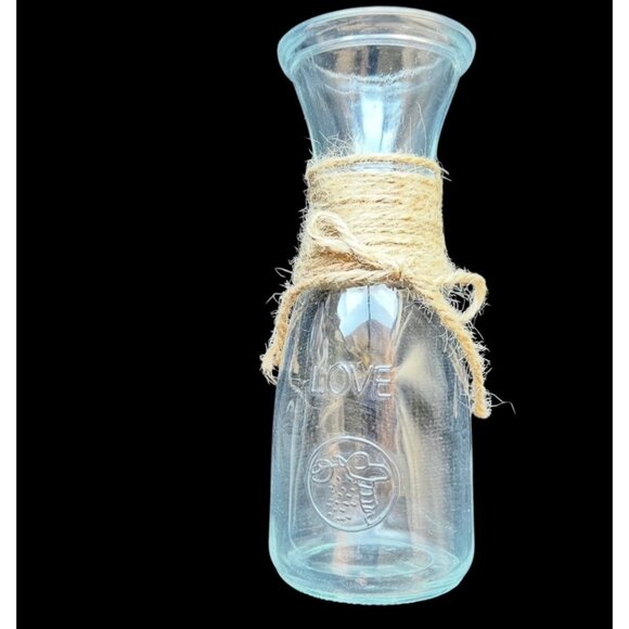 Glass Carafe Wine Water Juice Vase Twine & Bow Embossed w/ Love 8x3”D Wedding - Picture 1 of 10
